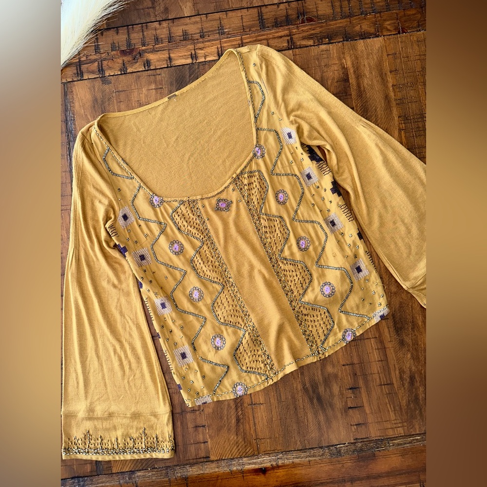 Free People Mustard Beaded Bell Sleeve Purple Aztec Long Sleeve Women’s Blouse